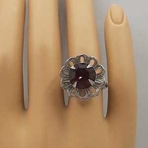 Vintage Sarah Coventry Adjustable Silver Tone Floral Purple Rhinestone Ring